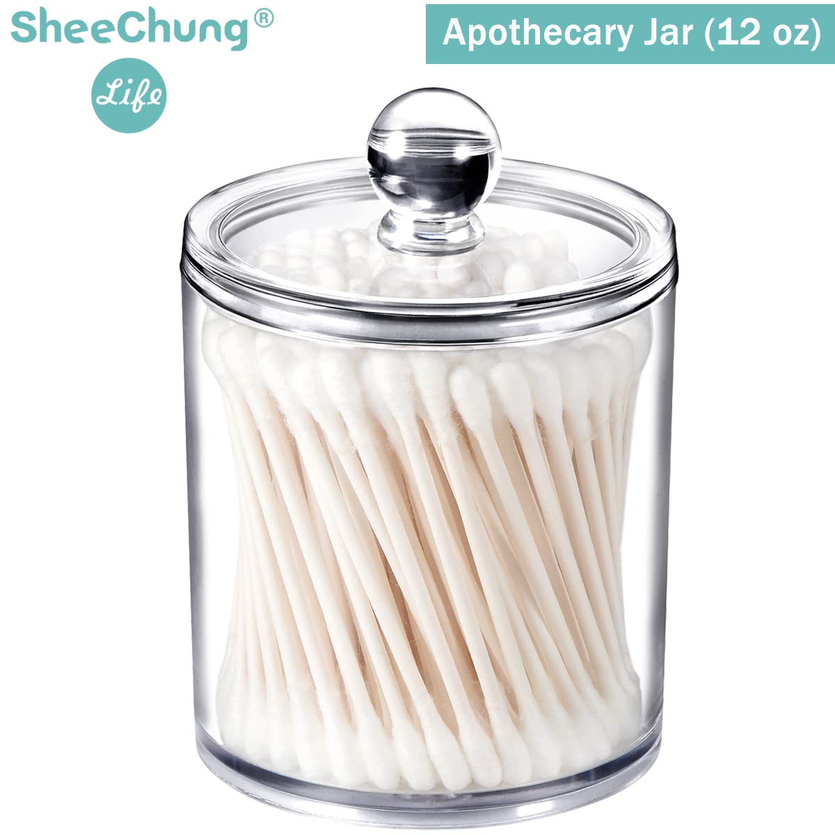 6 Pack of 12 Oz. Qtip Dispenser Apothecary Jars Bathroom with Labels - Holder Storage Canister Clear Plastic Acrylic Jar for Cotton Ball,Cotton Swab,Cotton Rounds,Floss Picks, Hair Clips (Clear)